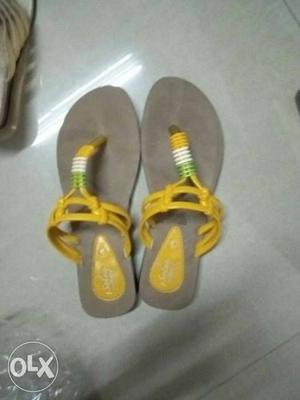 Gray-and-yellow Leather T-strap Flat Sandals