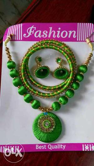 Green Thread Bangle, Earrings, And Necklace Set Inpack