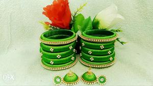 Green Thread Bangles And Jhumka Earrings