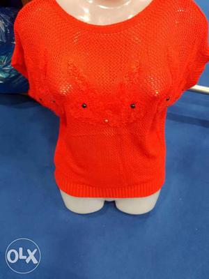 Orange Boat-neck Cap-sleeve Shirt