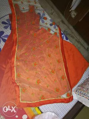 Orange Long Dress with Superb Floral Dupatta. Fixed Price.