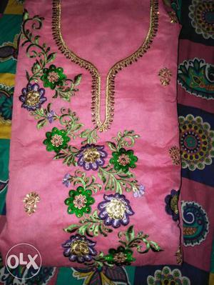 Pink, Green, And Purple Flower Embroidered Traditional Dress