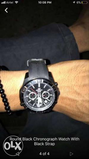 Round Black Edifice Chronograph Watch With Gray Rubber Strap