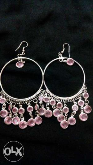 Silver-colored Pink Gemstone Hook Earrings