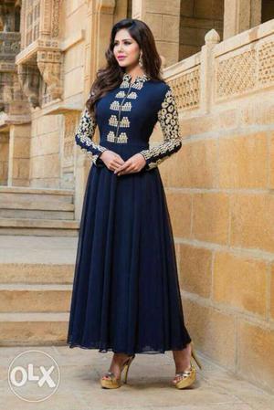 Women's Blue And Gray Salwar Kameez Traditional Dress