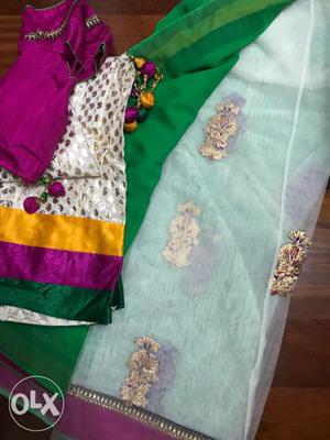 Women's White, Purple, And Green Traditional Dress