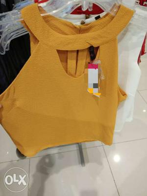 Yellow Scoop-neck Key-hole Sleeveless Shirt