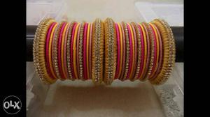 Yellow-and-pink Silk Threaded Bangles