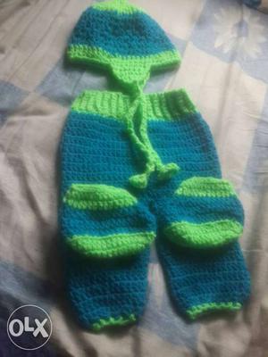 Baby's Blue And Green Knitted Suit