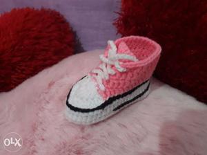 Baby's White, Pink, And Black Knitted Crib Boot