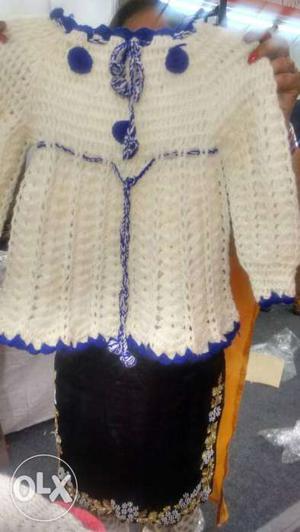 Crochet White And Blue Crew-neck 3/4 Sleeved Shirt