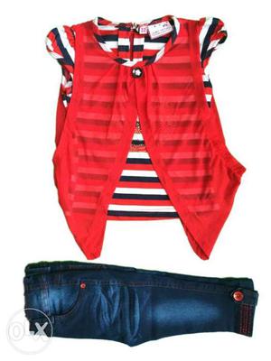 Girl's Red, White And Black Stripes Blouse With Blue Capri