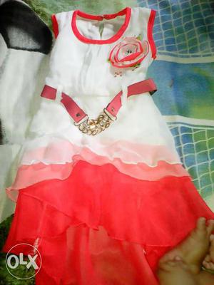 Girl's White And Red Scoop-neck Sleeveless Mini Dress 1 year