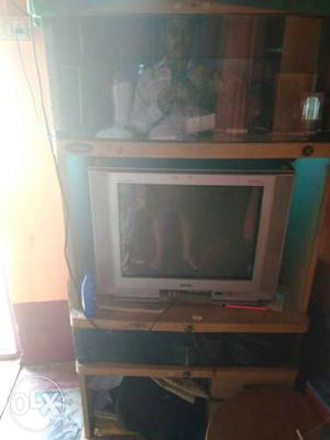 Brown Wooden TV Hutch With CRT TV