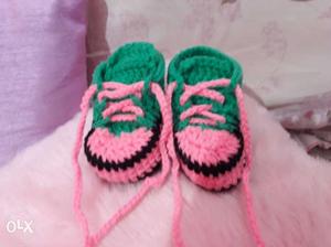 Pair Of Green-and-pink Knitted Shoes