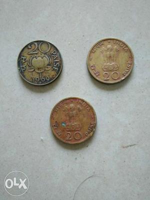 Three Round Silver 20 Indian Paise Coins