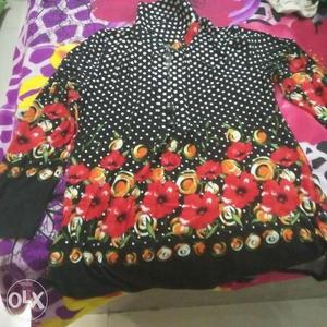 Black Multicolored Floral Polka-dot Long-sleeve Shirt