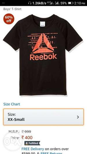 Brand new Black Crew-neck Reebok T-shirt with bill size