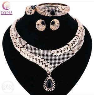 Embellished Diamond Silver-colored Necklace, Earrings, And