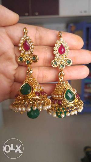 Ethnic jhumka earrings with red n green stones