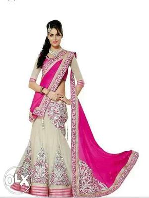 Gray, Beige, And Pink Floral Sari Traditional Dress