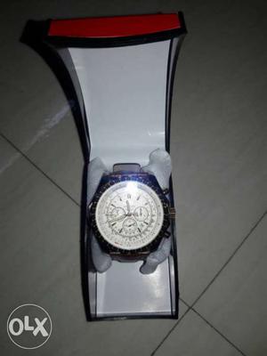 Men's Round Silver Chonograph Watch In Box