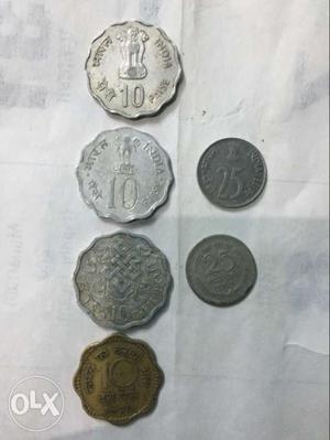 OLD COIN collection: 4pc 10 paisa coins and 2pc 25 Paisa