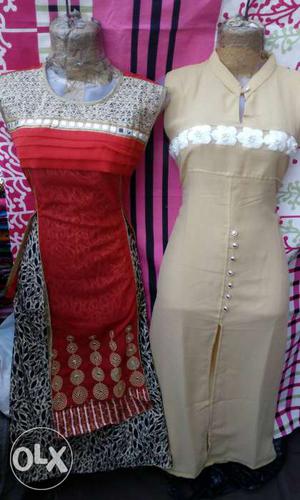 One Women's Beige And Red Traditional Dresses three five