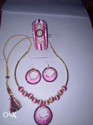 Pink Silk Thread Pendant Necklace With Earrings And Bangle