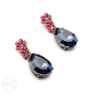 Pink flower Blue stone earrings