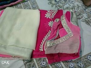 Pink-white-and-gold-colored Floral Ghagra Choli Traditional