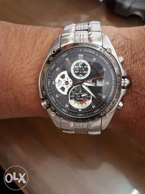 Round Black And Silver Face Chronograph Watch With Silver