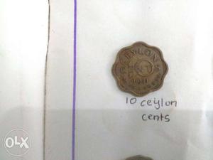 Round Brown 10 Ceylon Cents Coin