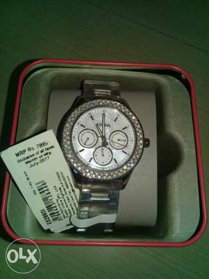 Round Silver Diamond Bezel Fossil Chronograph Watch With