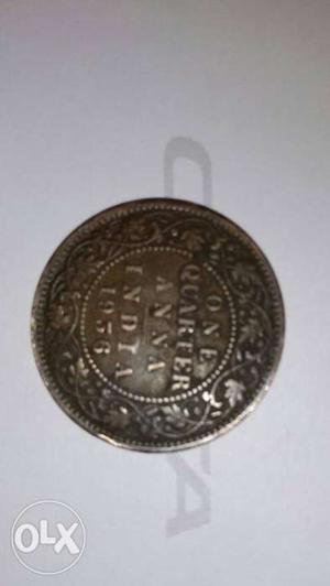 Round Silver One Quarter Anna Indian Coin