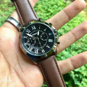 Round Silver-colored Fossil Chronograph Watch With Brown