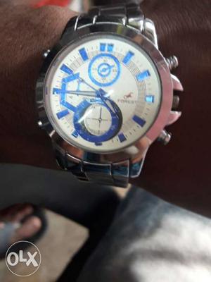 Round White And Blue Chronograph Watch With Silver-colored