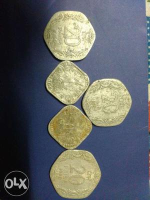 Three 20 And Two 1 Indian Paise Coins
