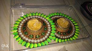 Two Round Green-and-white Pearl Beaded Kumkum Box
