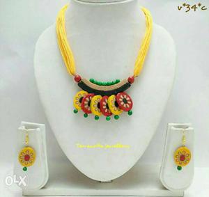 Yellow, Green, And Red Beaded Multi-strand Necklace