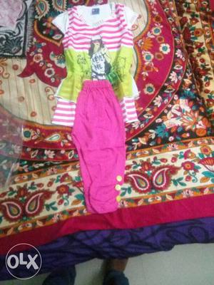 Girl's Multicolored Dress And Pink Pants Set