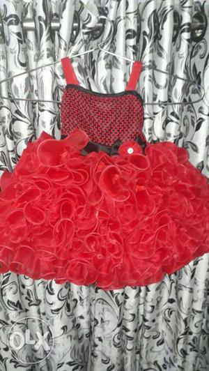 Girl's Red And Black Sleeveless Midi Dress
