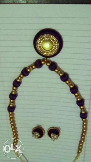 Gold-colored And Black Beaded Necklace With Pair Of Earrings