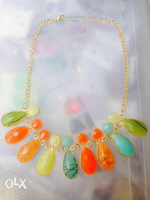Orange, Green, And Teal Polished Stone Gold-colored Necklace
