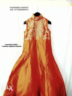 Orange Satin Sequined Sleeveless Dress