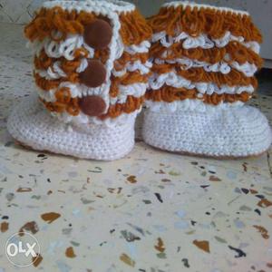 Pair Of White-and-brown Knitted Boots
