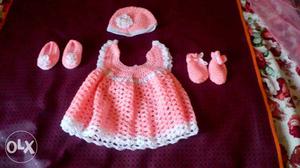 Pink And White Crochet baby Dress With Shoes And Hat