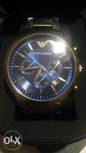 Round Blue Emporio Armani Chronograph Watch With Silver Link