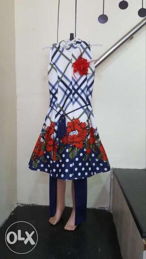 White, Blue And Red Floral Sleeveless Dress