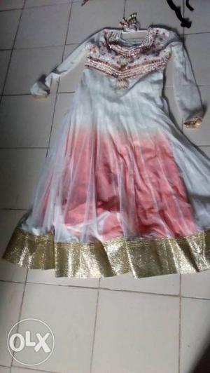 White, Gold And Pink Long Sleeve Dress